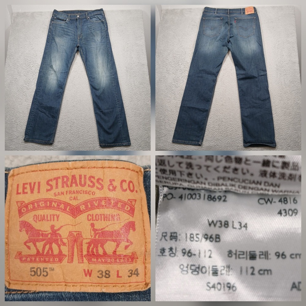 Levi's 505 Regular Fit Jeans Men's 38x34 Dark Wash Classic Straight Leg